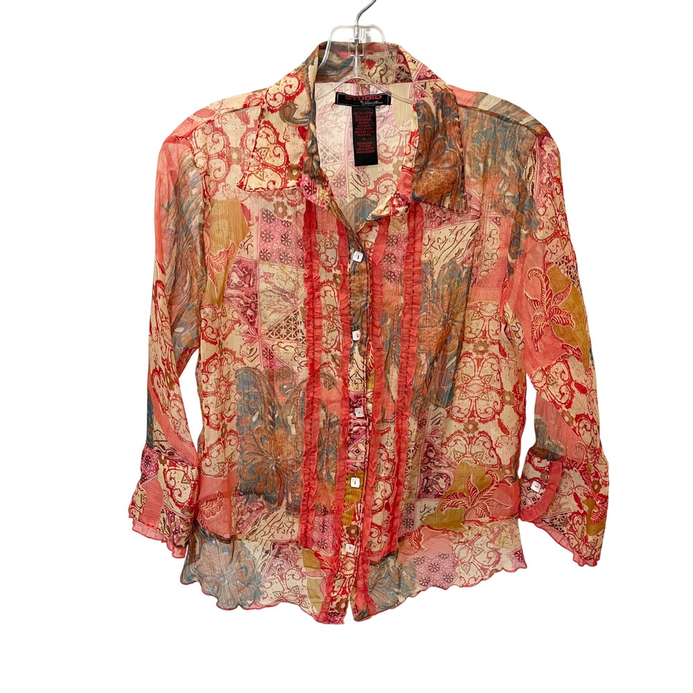 Vintage Pink Multi Paisley Ruffle Sheer Blouse Indie Fairycore Whimsical MEDIUM